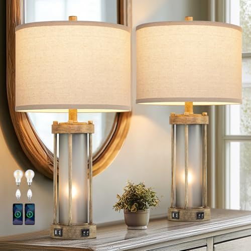 Farmhouse Table Lamps Set of 2 for Living Room, Vintage Bedroom Nightstand Lamp with Dual USB Ports, Bedside Lamp with Frosted Glass Nightlight for End Table Entryway, 4 Bulbs Included (Earthy Gray)