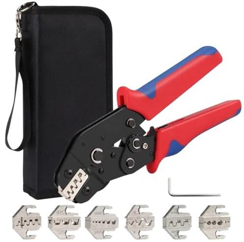 Kit de herramientas de crimpado con cable de bolsa, alicates de crimpado con 6 troqueles intercambiables, rango de crimpado ajustable, alicates de crimpado multifunción para múltiples tipos de