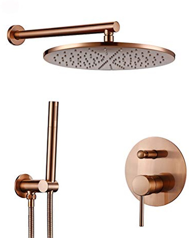 SnamicE Set di rubinetti per Doccia in Ottone Spazzolato Oro Rosa, Montaggio a Parete, Rubinetto per Bagno, Braccio Doccia, Miscelatore deviatore, Set di doccetta con soffioni a piog,10inch