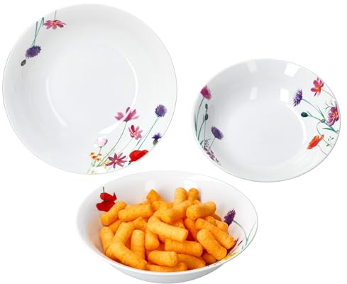 MamboCat Marie 3tlg Servierschalen Set I 650ml, 1L & 1,3L I weiße hohe Schüssel aus Porzellan mit Blumenwiese-Dekor für Kartoffeln, Knödel, Gemüse, Dessert, Suppe & Co.