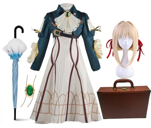 Noowye Violet Evergarden Cosplay Costume Anime Femme Robe Uniforme avec accessoires parapluie en dentelle Pendentif en pierre verte Collier Perruque Halloween Cos pour fans