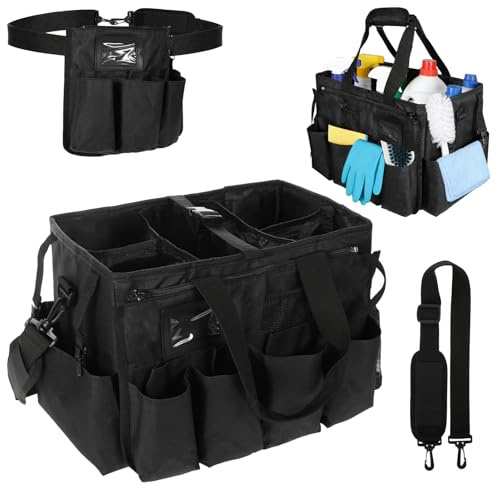 Sibosen Cleaning Caddy Organiser Bag with Handle Multi-Compartment Tool Tote Bag Large Organiser with Removable Dividers Adjustable Shoulder and Waist Straps for Cleaning Supplies Home Car Garden