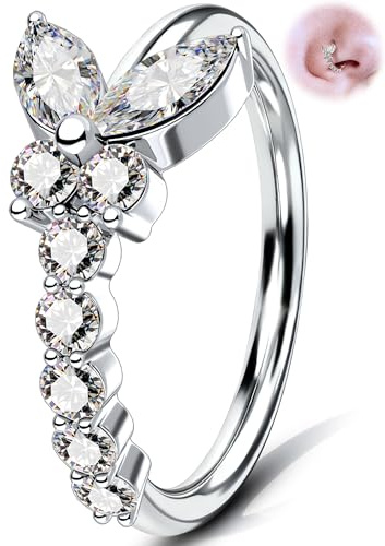 OUFER Aro de nariz de mariposa de 20 g, acero quirúrgico 316L, joyería con marquesa y circonita cúbica redonda, 8 mm, anillo de fosa nasal para cartílago, hélice, tragus, 20G8mm, Acero inoxidable