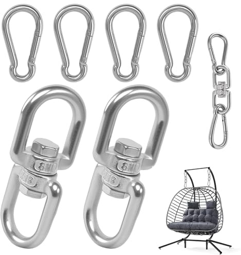GOSHIES M8 Drehwirbel 2 Stück 304 Edelstahl Drehwirbel M8 mit 4 Stück Karabinerhaken Groß Drehring mit doppeltem Ende und Schwenkauge für Hängesessel, Baumschaukeln, Aerial Silks, 450kg