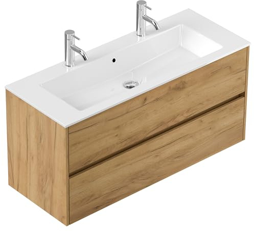 Generisch Badmöbel Waschtisch Set mit Mineralguss Waschbecken, Eiche Gold, 120 cm, Wandmontage, 2 Schubladen, 2 Hahnlöcher, mit Überlauf