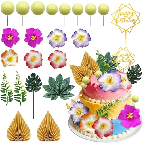 Hawaiianische Tortendeko 22 PCS Blumen Happy Birthday Tortendeko Tropische Tortendekorationen Bohème Stil Torten Deko Blumen für Sommer Hawaiian Beach Tropical Luau Thema Geburtstag Party Kuchen Dekor