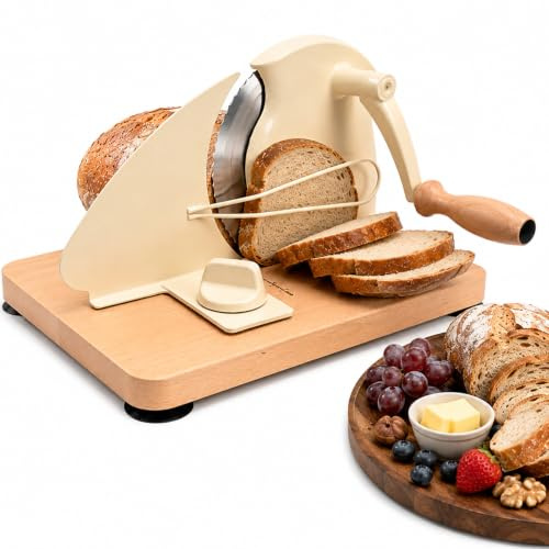 Brotschneidemaschine Manuelle mit Handkurbel | einstellbarer Scheibendicke 0–20mm | Edelstahlklinge mit Wellenschliff | rutschfeste Saugnäpfe | Für Sauerteig, Roggen, Toast & Baguette