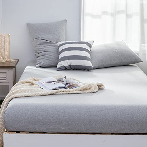 LIFETOWN 100% Jersey Knit Cotton Fitted Sheet Set, Tshirt Feel, Extra Deep Pocket, Wrinkle-Free Ultra Soft (Heathered Light Grey, Queen)