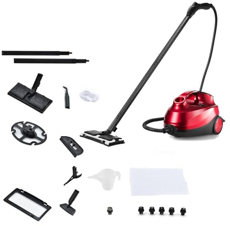 GOPLUS Dampfreiniger, Dampfdruck: max. 4,0 bar, variabler Dampf, Aufheizzeit: 5 Min., Leistung: 2000 W, Wassertank: 1,5 L, bis zu 108 ℃, Bodendampfreiniger für Boden & Teppich (Rot)