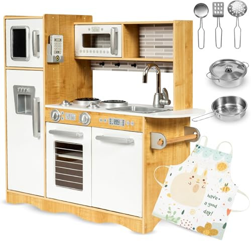 Mamabrum Cocina de Juguete para Niños de Madera Natural con Luces LED - Set Completo con Accesorios Cocina Juguetes, Horno, Microondas y Fregadero - 82x60x30cm