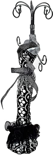 Porte Bijoux Mannequin décoratif Vintage Original Présentoir Pour Colliers, Boucles D'oreilles, Pendentif Bracelets Fantaisie ou décorative Bois et Tissu Crochet en Métal H.39cm Coloris Noir et argent
