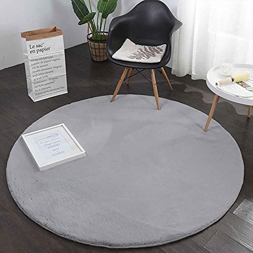 VIMODA Fellteppich Kunstfell Teppich Rund Imitat in Grau Dicht Flauschig Seidiger Glanz Hochflor (Ø 120 cm Rund, Silber)
