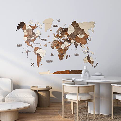 Awesometik Mapa del mundo de madera 3D, mapa del mundo de madera 3D, fácil instalación con cinta adhesiva de doble cara, incluye complementos, madera contrachapada duradera de alta calidad, ideal para