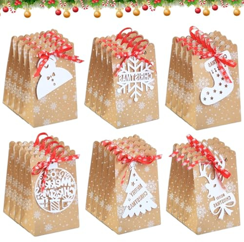 Geschenktüten,24 Stücke Weihnachten Geschenkbeutel,Kraftpapier-Weihnachtspapiertüten,Geschenkverpackung Taschen,Süßigkeiten Taschen,Papiertüten,Geschenktüten Weihnachten mit Band&mit Kordelzug