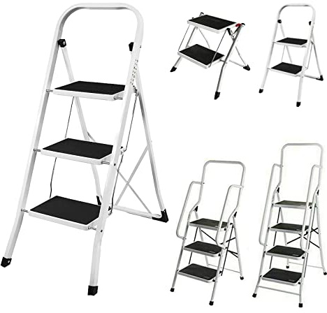 Scaletta a 3 Gradini con Pedale Larga, Scaletta Pieghevole Salvaspazio, facile da riporre, Scala Portatile e Leggera ideale per casa, cucina, ufficio, fai da te, Capacità 150kg
