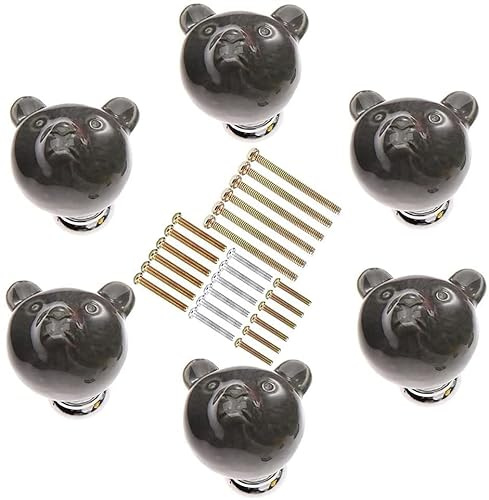 6 Pomoli in ceramica a forma di orso per armadietti, pomelli per mobili per bambini, pomelli per armadio, maniglie per mobili, Pomelli Cucina con 4 Dimensioni Vite (nero)