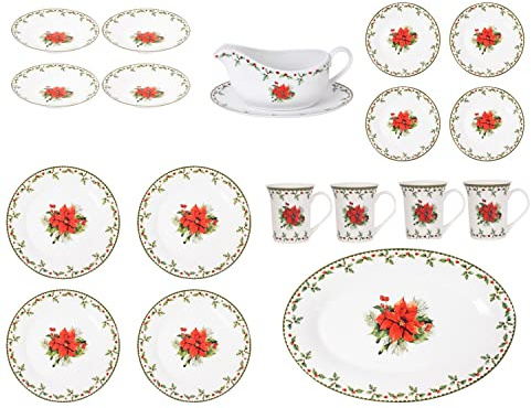 Harvey & Mason Full Dining Set 18pc Christmas Holly Porcelain Set - Festive Dinner Setting Plates Bowls Mugs Gravy Boat Xmas