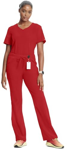 Cherokee Infinity Scrub Set For Women Contemporary Fit, Round Neck Top 2624A with Straight Leg Drawstring Pant 1123A, Red- M Top/S Tall Pant