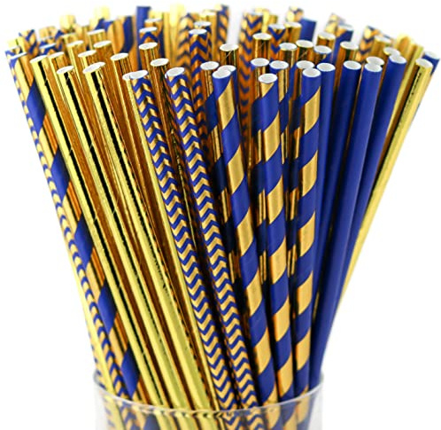 KEDON Gold Navy Blue Straws 100 Bulk Decorative Disposable Paper Drinking Straws for Cocktails Cake Pop Sticks Bar Wedding Birthday Royal Baby Shower Graduation Party Straws, Crafts Decorations