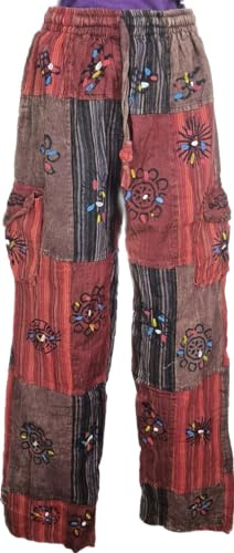 Karma Handicrafts Patchwork Hippy Cotton Festival Trouser Boho Yoga Pant Wide Leg Combat Nepal 202 (US, Alpha, Large, X-Large, Regular, Regular, Red)