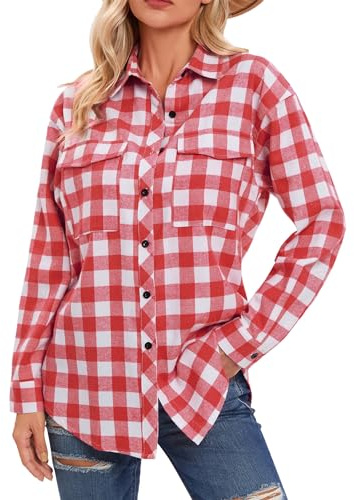 Timuspo Chemisier à carreaux pour femme, boutonné, manches longues, pour fête de la bière, tunique à carreaux, décontracté, col en V, haut en flanelle