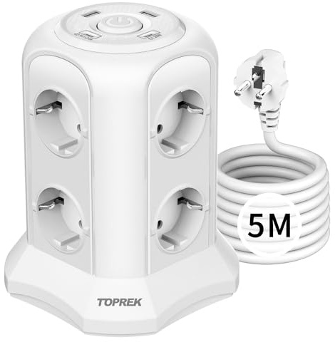 TOPREK Steckdosenturm USB C, Mehrfachsteckdose Überspannungsschutz PD 20W | 20W USB C Schnellladen, 3680W/16A Steckdosenleiste, Steckdose mit Schalter für Büro Küche Tisch, Schwarz 2M