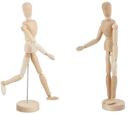 Relaxdays Gliederpuppe 2er Set, 30 cm große Zeichenpuppe, bewegliche Modellfigur, zum Zeichnen, Zeichenfigur, Natur