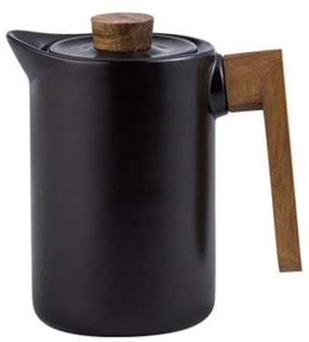 Soulnioi Ceramic Teapot,with Acacia Wood Lid,Porcelain Coffee Pot Cups,Ceramic Teapot with Wooden Handle,for Home&Office,1100ML Black