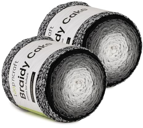 Makramee Cake Garn 2er Set, Schwarzer Kristall, Loopncraft, 2 X 250m - 250g Farbverlaufsgarn, Recycling Garn