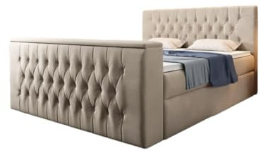 Boxspringbett Velano 180x200 Doppelbett Polsterbett Bett mit TV Lift und Stauraum | Bezug: Samt | Farbe: Beige | Härtegrad: H4 (100kg+)