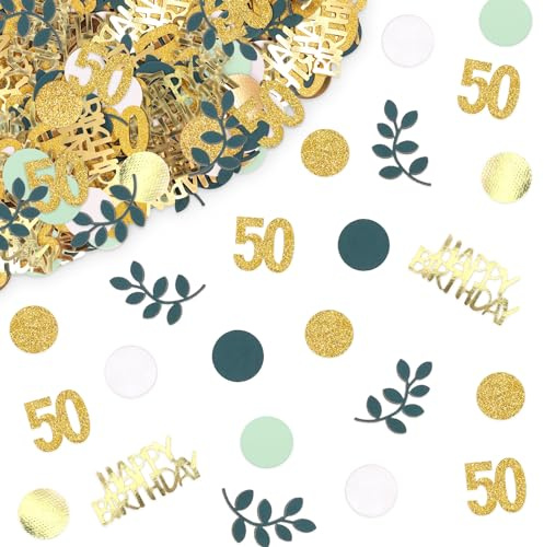 TOPWAYS Konfetti 50. Geburtstag Mann Frau, 200stück Tischdeko Streudeko Eukalyptus Grün Gold Groß, Deko für Frauen Männer