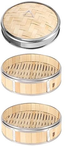 ANSNOW Bamboo Steamer Basket, 2-Tiers with Lid Steamer Basket Rice Cooker Bamboo Cooker Steaming Rack with Stainless Steel Banding –for Rice, Dim Sum, Vegetables, Meat and Fish (8 Sizes)/2 Tiers & L