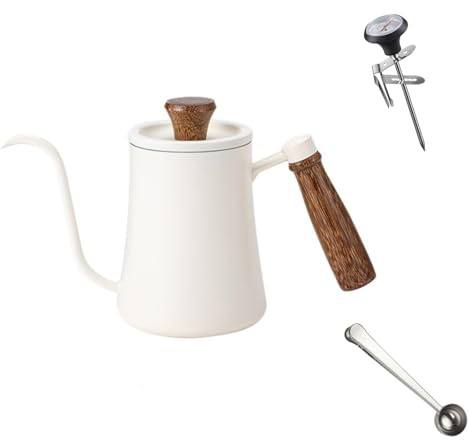 Hervidor de café para café y té, hervidor de cuello de cisne de 550 ml con termómetro y cuchara de café, cafetera de acero inoxidable con boquilla larga y estrecha, hervidor de goteo manual
