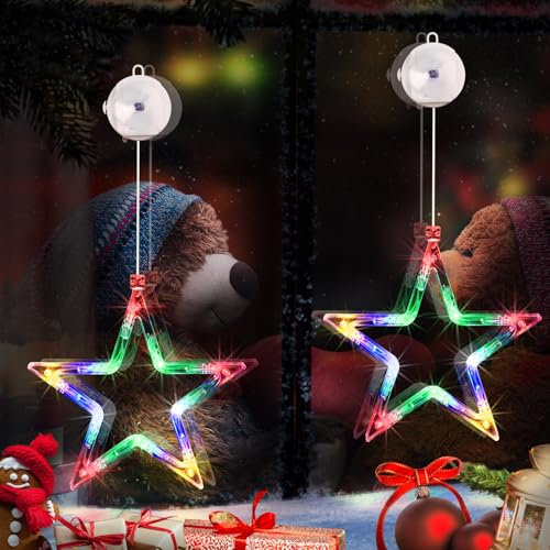 Qedertek Cortina de Navidad Con Estrella a Pilas - 10 LED Luces de Ventana, Temporizador, Colores, Decoración Para Interior Exterior Navidad Fiesta (2pcs)