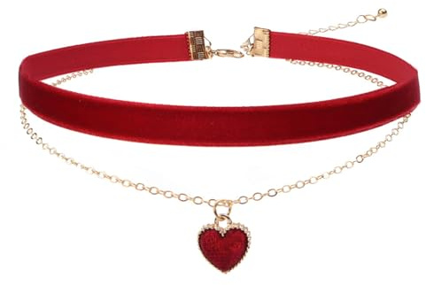 Flongo Herz Vintage Choker für Damen: Rot Samt Halsband Punk Sexy Verstellbare Mehrreihige Halskette Frauen Mädchen Herz Anhänger Kette Schmuck Geschenk zum Jubiläum