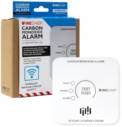 Carbon Monoxide Alarm with Wireless Interlink - 10 Year Sealed Battery Alarm - Link with Firechief Heat & Smoke Alarms for Home - For Rooms with Fuel Burning Appliance - Firechief FCB10W Model