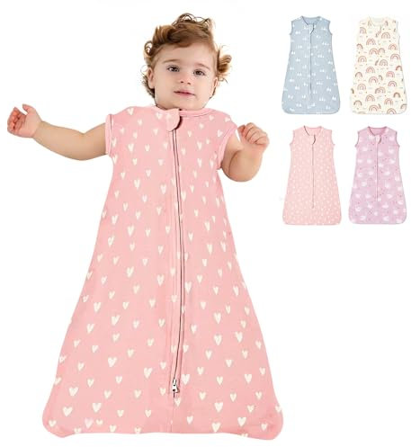 HINATAA Schlafsack Baby Sommer 0.5TOG, 100% Bio-Baumwolle Babyschlafsack, Ärmellos Baby Schlafsäcke, Pucksack Baby für Neugeborene, Baby Sleeping Bag Mädchen Junge (Rosa, 6-12 Monate)