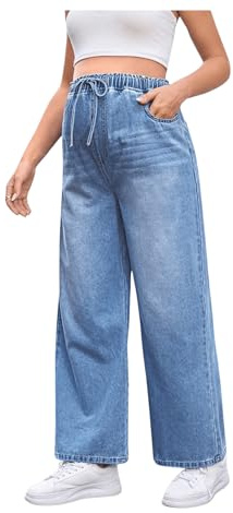 MakeMeChic Women's Maternity Denim Pants Elastic Waist Drawstring Wide Leg Baggy Pregnancy Jeans with Pockets Light Wash Small