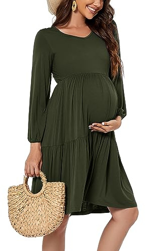 Smallshow Women's Maternity Dress Long Sleeve Ruffle Pregnancy Clothes Army Green M