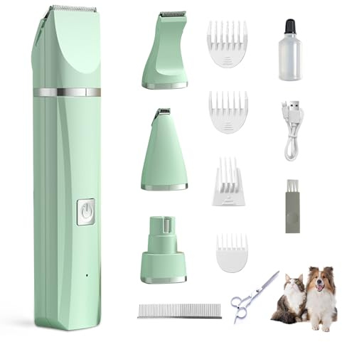 4 in 1 Leise Schermaschine Hunde Katzen, 4 Schneidköpfen für Haarschneidemaschine Pfotentrimmer Krallenschleifer Spliss Trimmer, Wasserdicht Hundeschermaschine für Pfoten Augen Gesicht Körper (Grün)