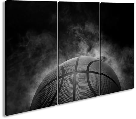 Leinwandbild Basketball in Nebel gehüllt, Symbol von Intensität und Spiel. Format: 120x80 cm (3Teilig) Effekt: Schwarz&Weiß XXL Kunstdruck Bild auf Keilrahmen/Wandbild/Wohnzimmer Deko