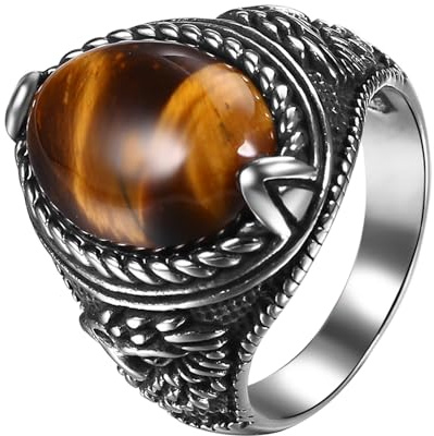 JewelryWe Ring Herren Siegelring Vintage Edelstahl Herren-Ring mit Ovalem Stein Punk Adler Fingerring Bandring Daumen Band Marine Schmuck Geschenk für Männer Vater Silber