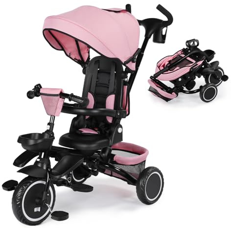 Kinder King Kids Tricycle, 8 in 1 Folding Toddler Trike w/Adjustable Push Handle, Rotatable Seat, Adjustable Canopy, Bell, Five-Point Harness, Storage, Bike Tricycle for Toddlers 1-3, Pink