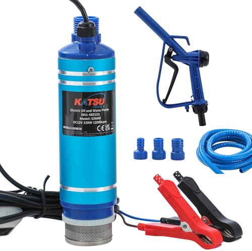 KATSU Tools Kit de pompe de transfert de carburant diesel 12 V 120 W (MAX), pompe à eau submersible portable en alliage d'aluminium avec pistolet distributeur et tuyau de 5 m