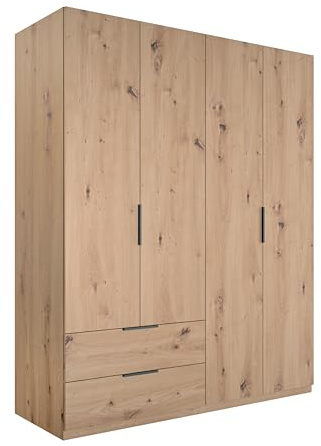 AVANTI TRENDSTORE - Paciano - Hängeschrank Eckschrank Kleiderschrank mit 4 Flügeltüren und 2 Schubladen, laminiertes Holz in der Farbe Artisan Eiche, Maße LAP ca. 162,2x200x58cm