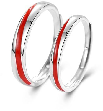 Calefee Anelli Filo Rosso del Destino Coppia Argento 925, Anello con Incisione Personalizzata Regolabili Anello a Fascia Semplice con Smalto Rosso