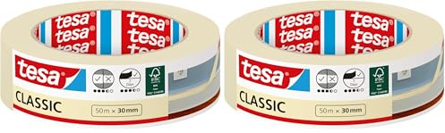 tesa Malerband CLASSIC - Abdeckband zum Abkleben bei Malerarbeiten - lösungsmittelfrei, rückstandslos entfernbar - 50 m x 30 mm (Packung mit 2)