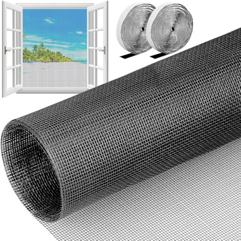 Fiberglas Fliegengitter Fenster, Reißfestigkeit 200x150cm Fliegengitter Meterware, Schwarz Insektenschutznetz, Robust Fliegennetz Katzensicher Pollenschutzgitter Ohne Bohren mit Klettband für Fenster