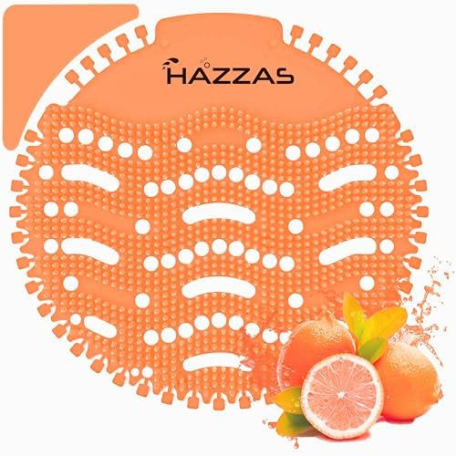 10-pack Hazzas Orange Fresh-Scented Urinal Screen Deodorizer Mats. Infused with lasting scents, these mats serve as effective odour fresheners. Perfect for use in bathrooms, restrooms, and offices