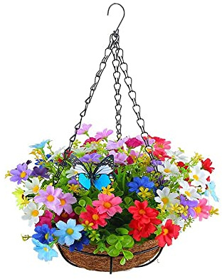 JOPWUE Artificial Hanging Basket with Flowers,Flower Baskets,Artificial Floral Outdoor,Chain Basket,Fake Hanging Plants for Home Outdoors Garden Décor Patio Porch (Type D)